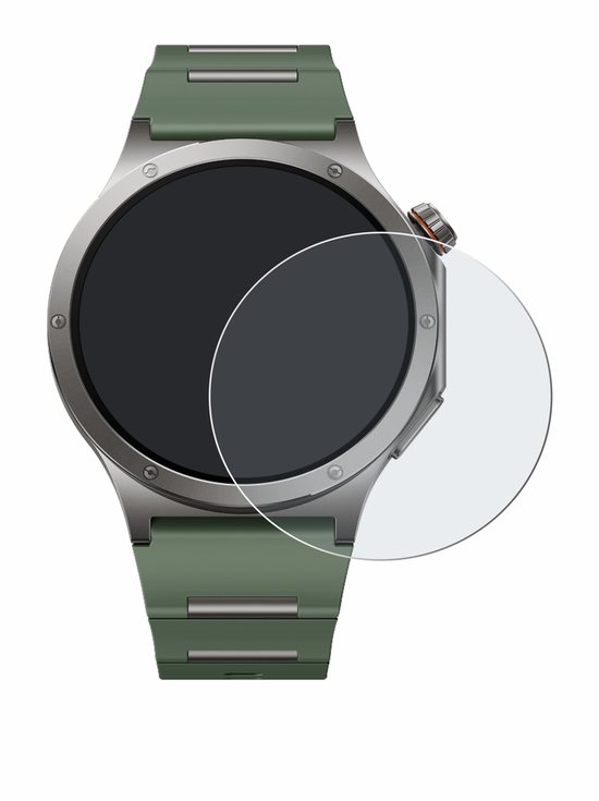 Matte beschermfolie op een smartwatch met groene band. De folie is doorzichtig.