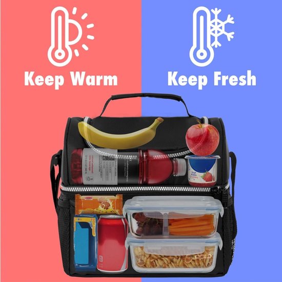 Lunchtas voor Dames & Heren - Geïsoleerde Grote Lunchbag voor Werk - Dubbellaags Lunchbox Maaltijdbereiding - Lekvrij Dual Vak Koeltas - Zacht Lunch Tote voor Jongens, Meisjes, School - Zwart - 16 Blikjes - 1 Stuk — afbeelding 2