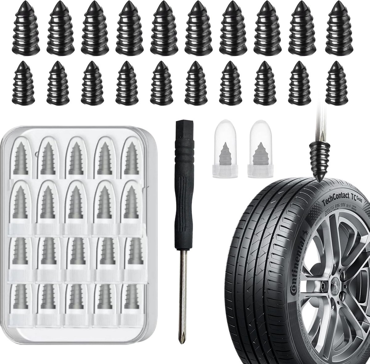 Bandenreparatieset Auto, 40 Gummiplugs + Schroevendraaier (20 groot, 20 ), Tubeless Bandenreparatieset met Opbergdoos, universeel voor Auto en Motor
