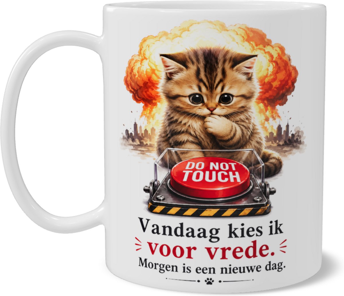 Mok met Kitten en Rode Knop - Vandaag kies ik voor vrede - Grappige Katten Mok