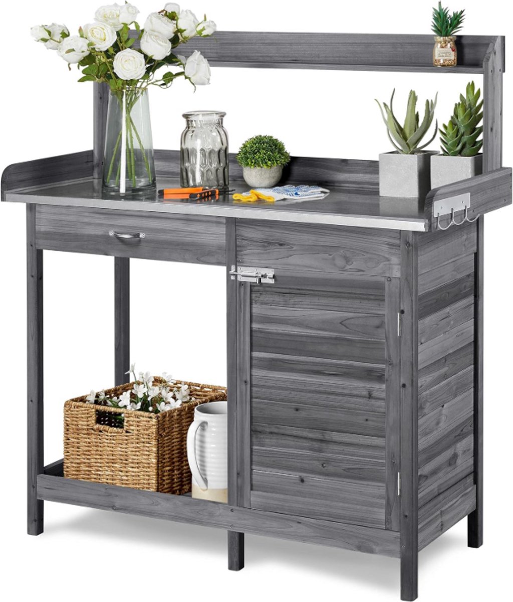 Planttafel Tuin Werktafel - Ergonomische Tuintafel met Lade & Opbergkast - Massief Vurenhout & Gegalvaniseerd Werkblad - Oppottafel BBQ Bijzettafel - Tuin Werkbank, Potting Bench, Tuinwerktafel