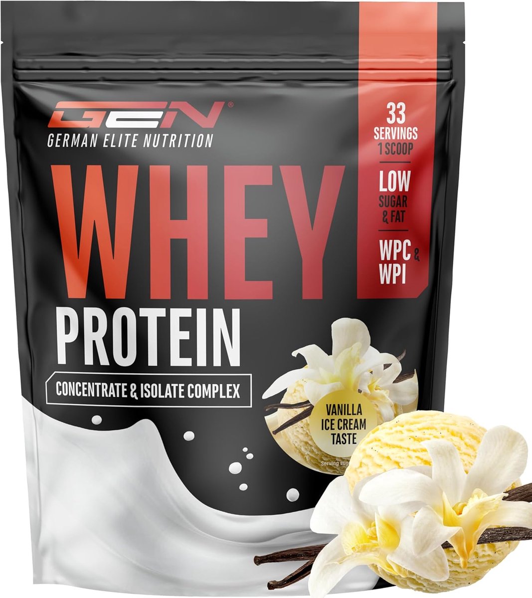 German Elite Nutrition - Whey Protein Complex - Vanille IJs - 1kg - Hoogwaardige Eiwitten - Rijk aan BCAA's - Gemakkelijk Mengbaar