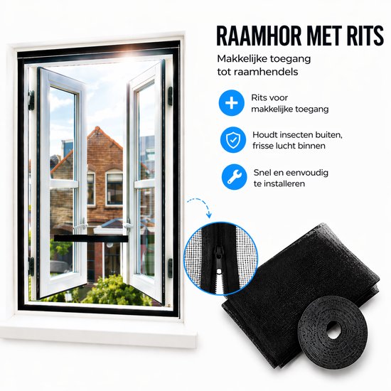 Zwarte insectenhor met rits op een open raam, met weergave van de rits en het klittenband.
