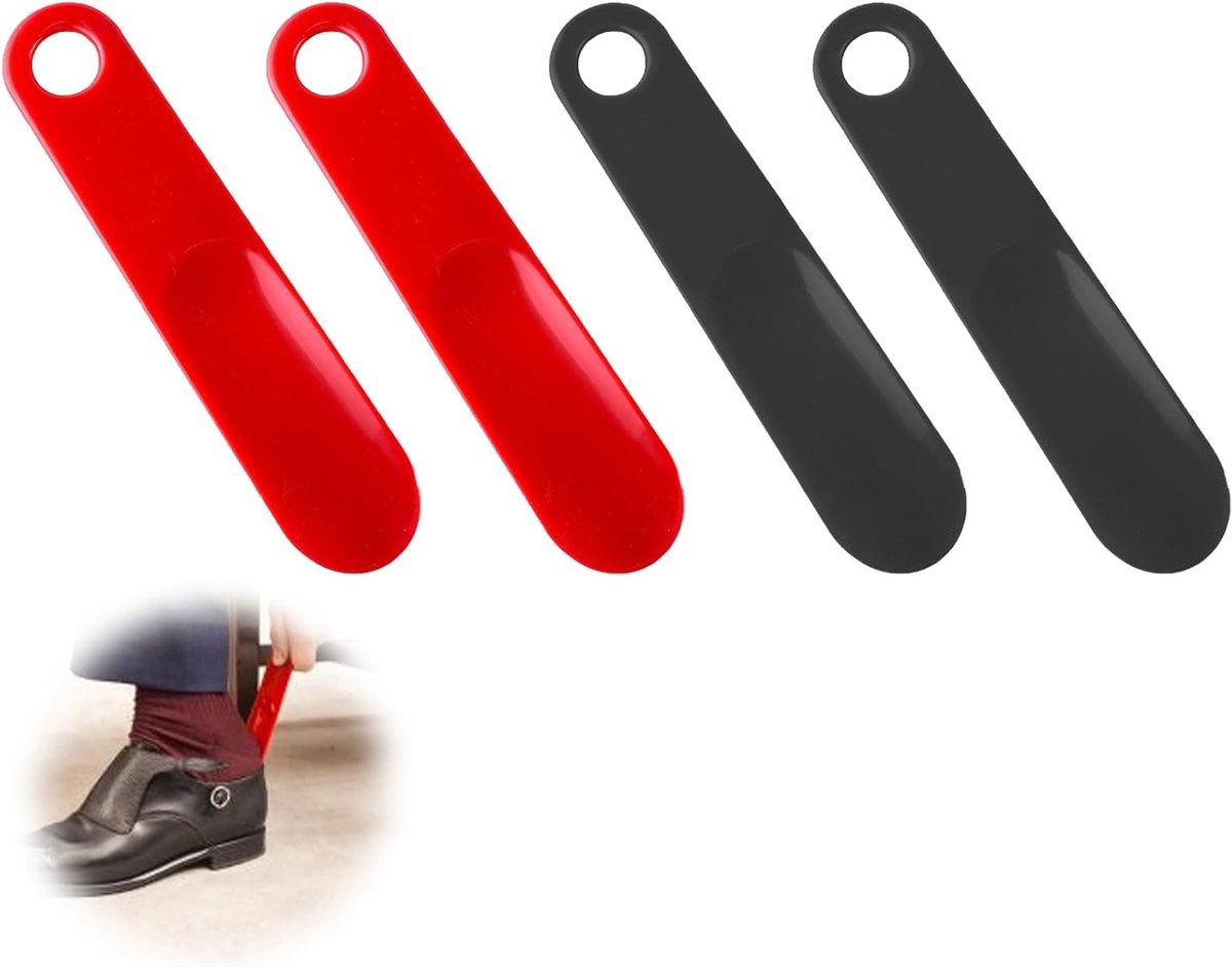 Set van 4 kleine plastic schoenlepels met ophanggaatjes, ideaal voor mannen, vrouwen, ouderen en kinderen, perfect voor reizen en dagelijks gebruik