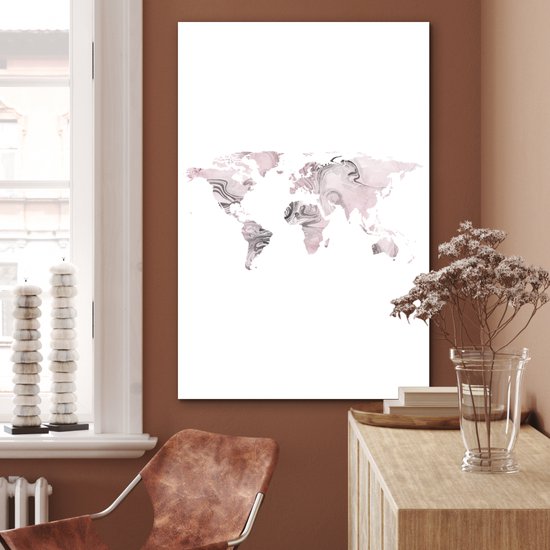 Aluminium schilderij 80x120 cm - Wanddecoratie metaal - Wereldkaart - Roze - Grijs - Verf - Metalen muurdecoratie woonkamer - Decoratie industrieel - Foto op dibond - Industriële accessoires slaapkamer