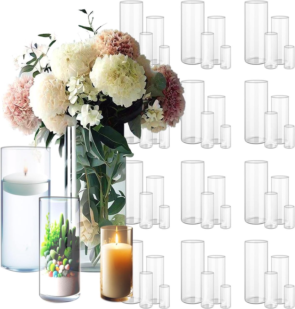 48 Delige Set Cilindervazen Glas voor Bloemstukken en Kaarsen - Diverse Hoogtes