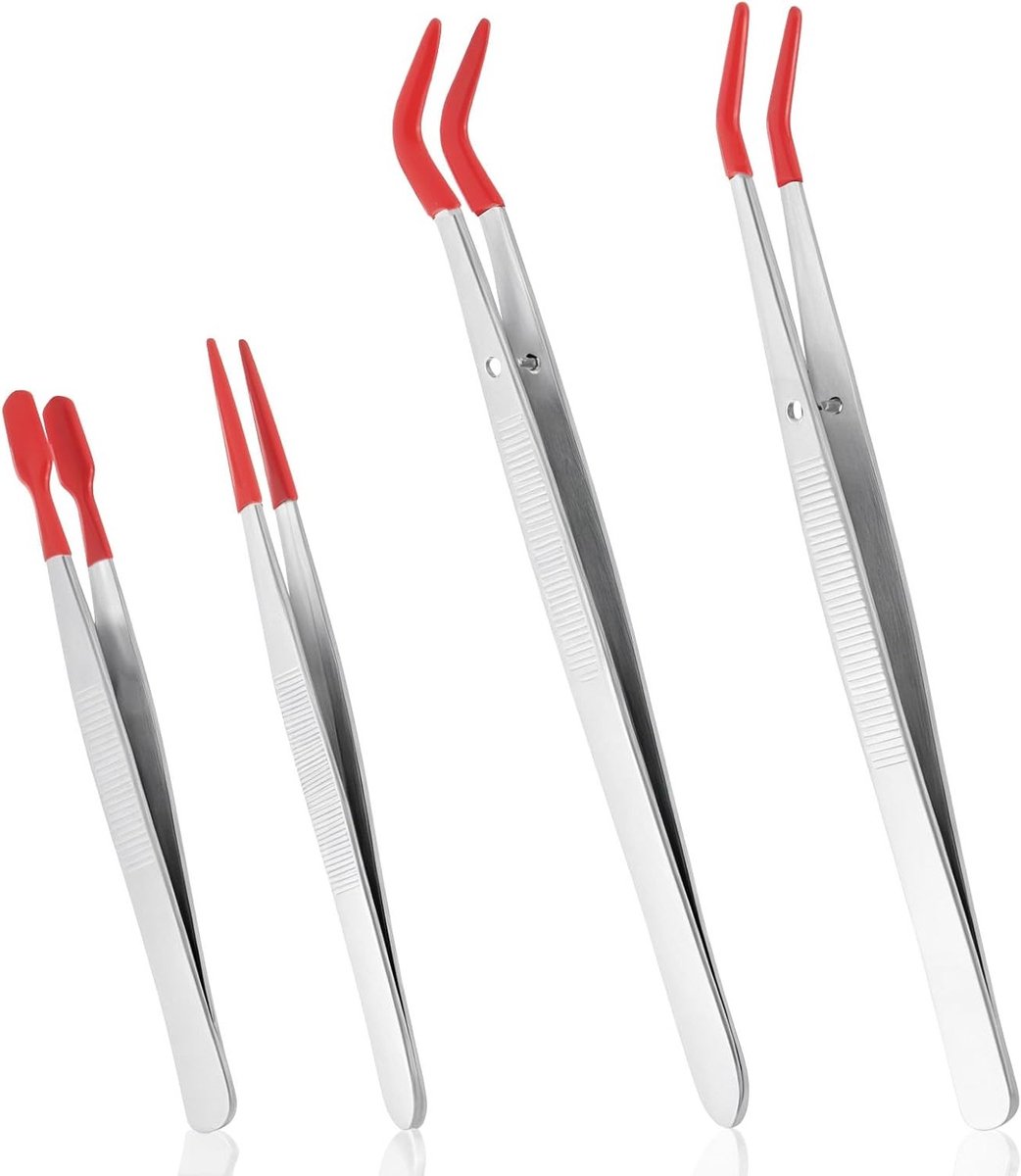 Allecto Plus - Set van 4 pincetten met rubberen en platte punt - Roestvrijstalen pincet voor handwerk, industrie en elektronica