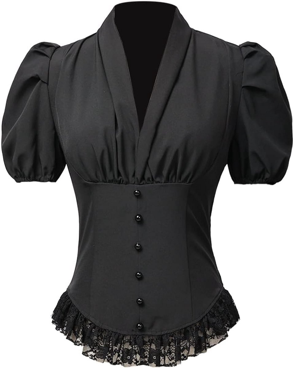 Dames Victoriaans Korset Blouse met Vetersluiting - Gothic Steampunk Vintage Korte Mouwen Ruches