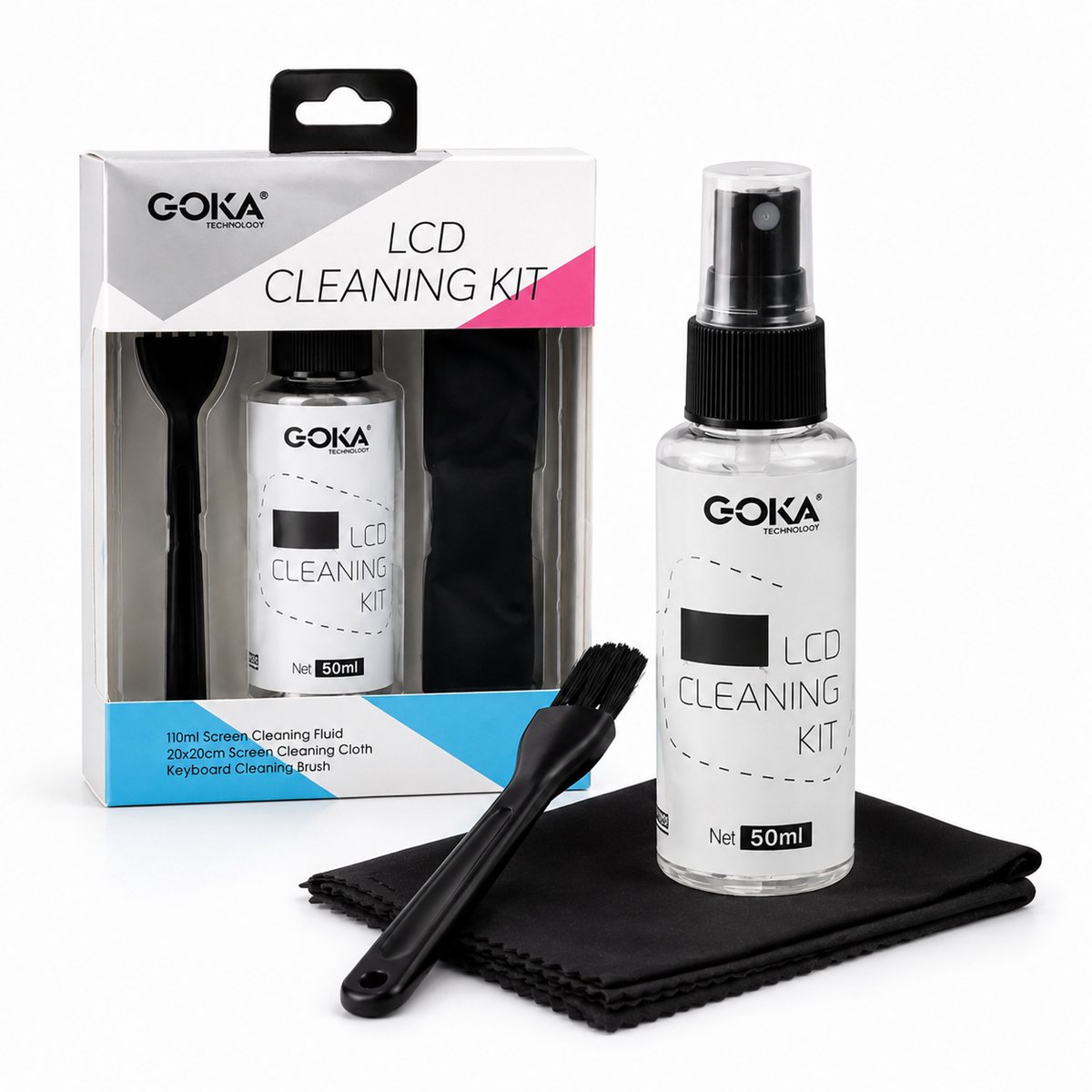 GOKA LCD Screen Cleaner Kit – Schermreiniger voor Laptop, Smartphone, Tablet & Monitor – Inclusief Microvezeldoek en Reinigingsborstel – 50ml