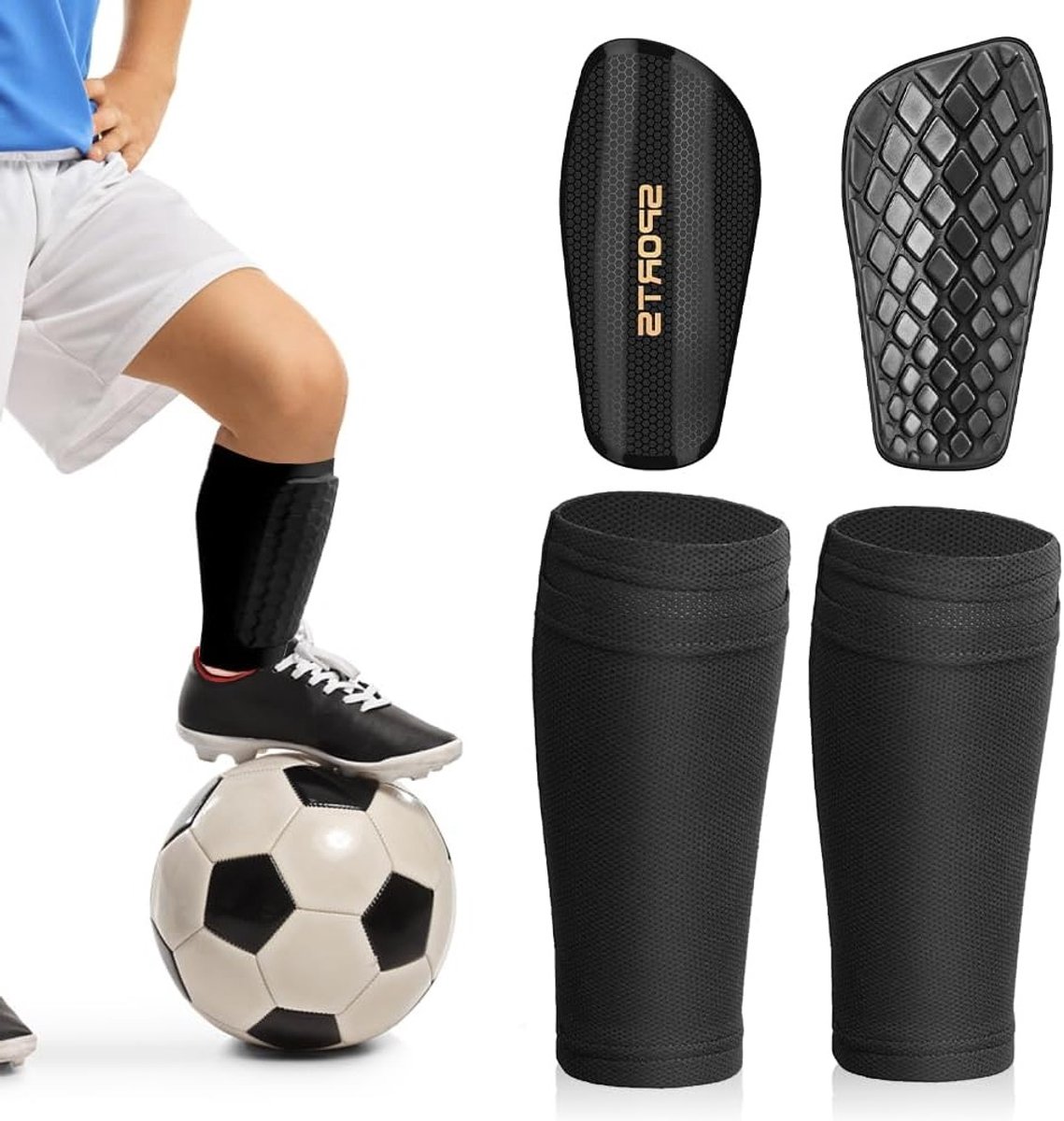 Dubbele laag voetbal scheenbeschermers met antislip mouwen en geoptimaliseerde zak voor optimale beenbescherming, geschikt voor kinderen en tieners