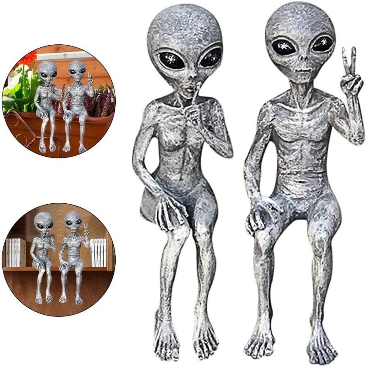 Decoratieve Alien Beeldjes Set van 2 - UFO Tuinfiguren voor Ruimte Thema, Grijze Vrede Beelden, Mini Kunstwerken voor Thuis, Slaapkamer, Kantoor en Tuin