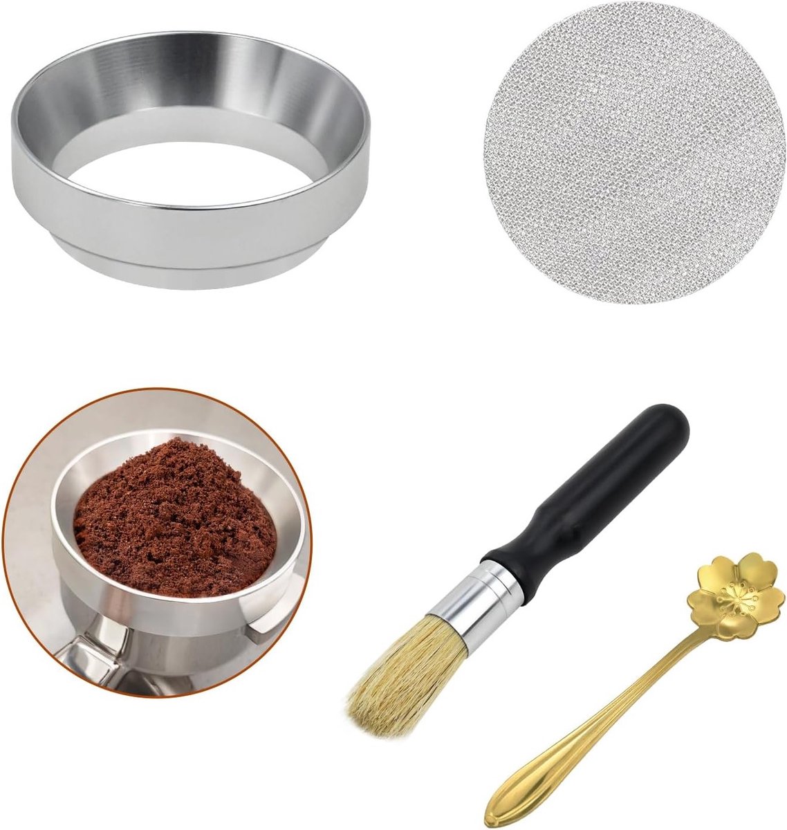 Coffee dispensing ring 51 mm met Barista borstel en puck screen, ideaal voor espresso machines, vegan schoonmaakborstel en magnetische zeefhouder