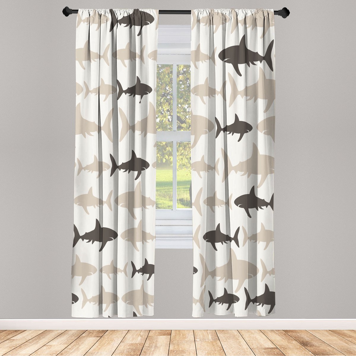 ABAKUHAUS Gordijnen met zeedieren, monochrome haaienillustratie, set van 2 panelen voor woonkamer en slaapkamer, 150 cm x 175 cm, grijs geel