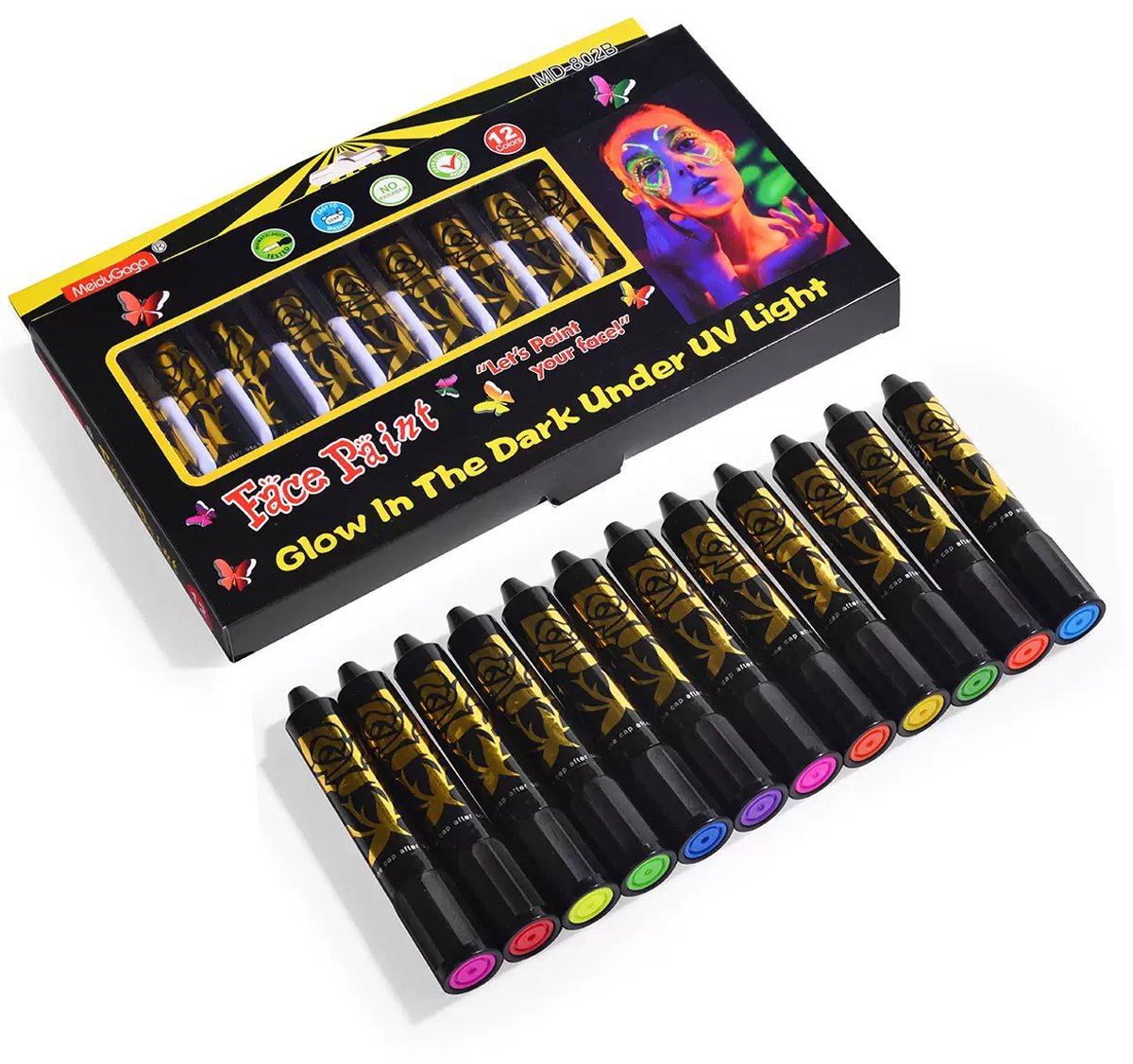 Schminkstiften - Schmink Set Krijtjes - 12 Stuks Kleuren -Fluoriserend UV Neon Glow in the Dark Krijtjes-Giftige Gezichtsverfkrijtjes voor Halloween Cosplay Make-up-Helderste Glow onder UV-Licht — afbeelding 3