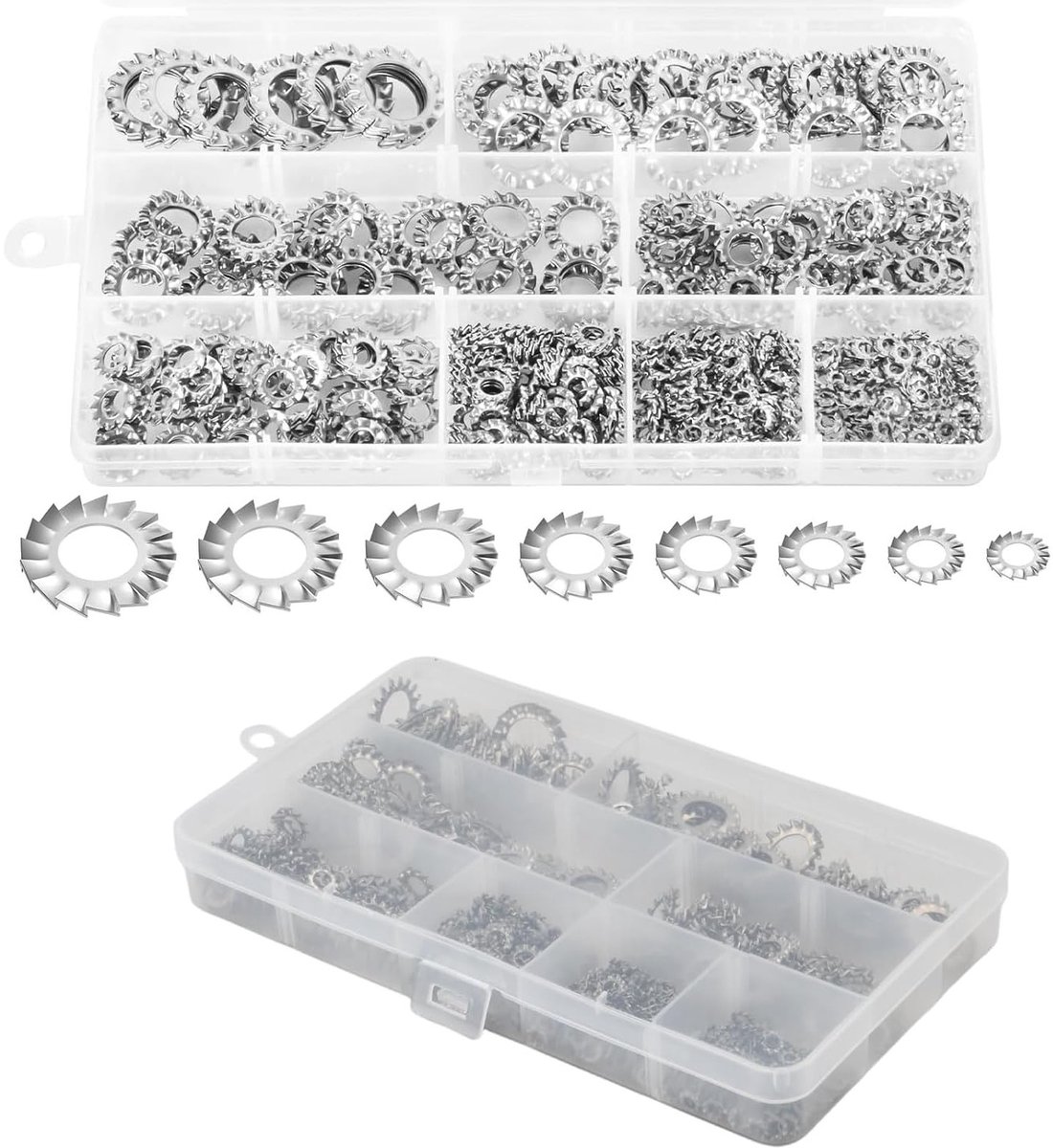 Assortiment van 555 Stuks Stervormige Locking Discs van RVS, Geschikt voor M2.5 tot M12, Ideaal voor Bevestiging en Versteviging