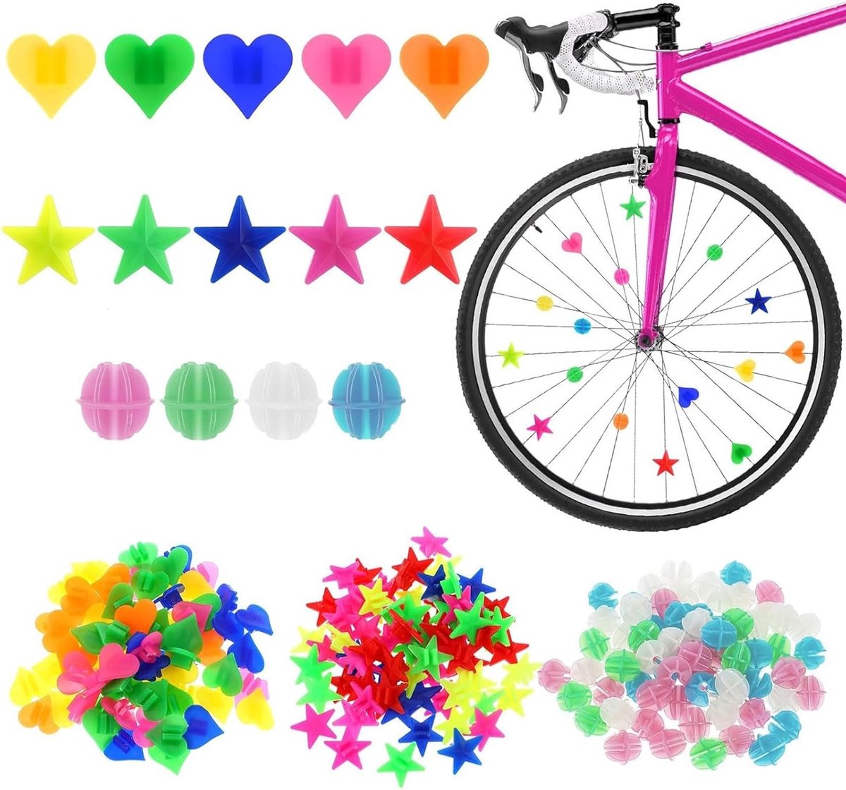 210 Stuks Fiets Spaken Kralen, Clip-on Reflectoren voor Fietswielen, Decoratieve Accessoires voor Kinderen (Ster, Hart, Rond)