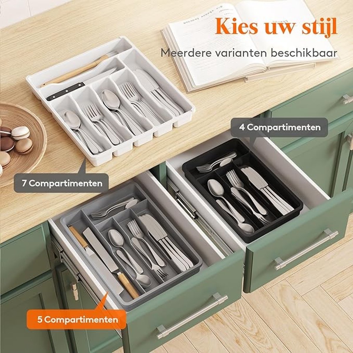 Bestekbak met 5 vakken, 24x34 cm, grijze kunststof lade-organizer