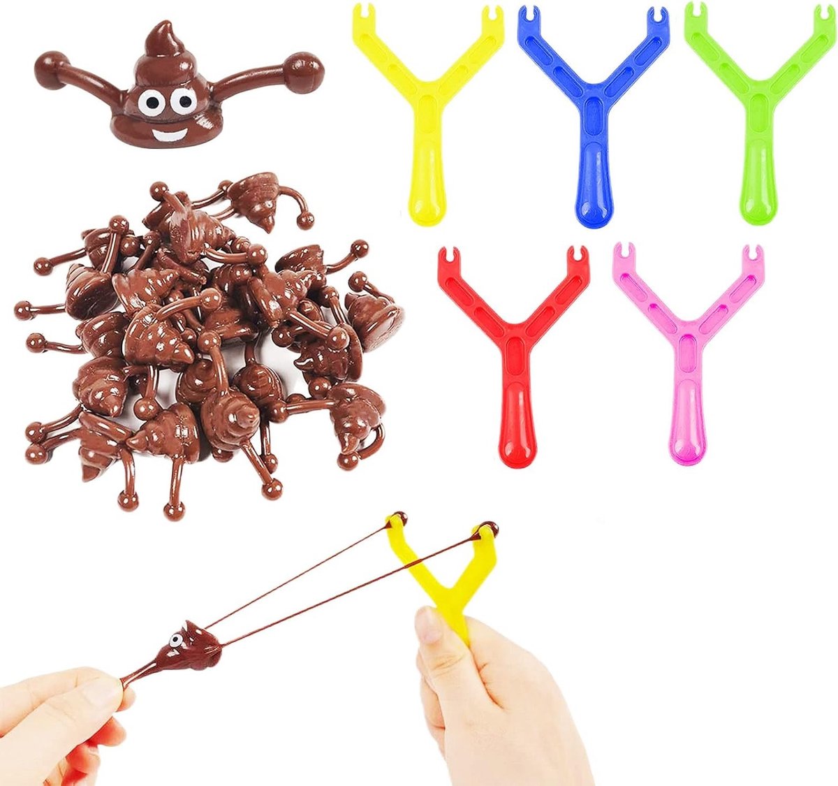 Grappige Slingshot Speelgoedset met 5 Katapulten en 15 Squishy Poepballen voor Feestjes, Grappen en Verjaardagen voor Kinderen en Volwassenen