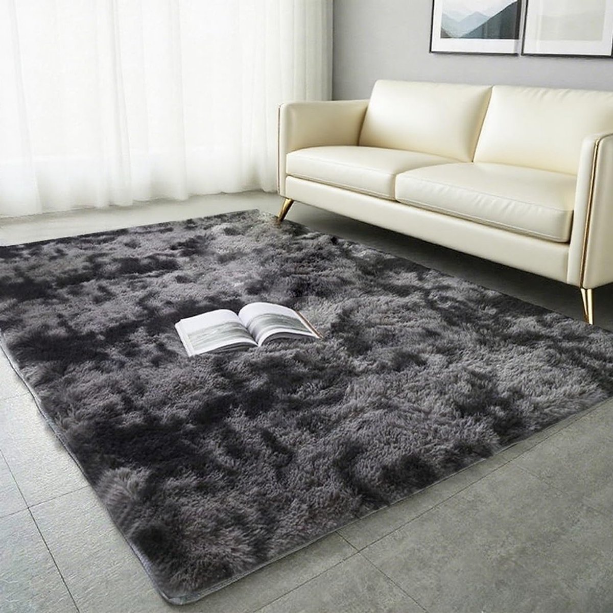 Hoogpolig Tapijt - Pluizig Vloerkleed - Woonkamer Aankleden - Extreem Zachte Pool - 120 x 160 cm - Donkergrijs Tie-dye