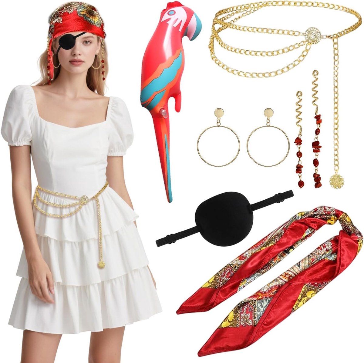 7-delige Piratenkostuum voor Dames met Hoofddoek, Ooglapje, Opblaasbare Papegaai en Sieraden Accessoires