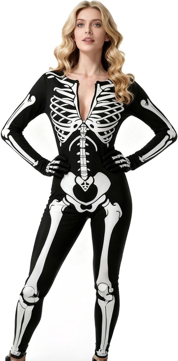 Vrouwelijk Skelet Kostuum voor Halloween, Raveparty of Carnaval - Jumpsuit voor Cosplay en Horror Thema's