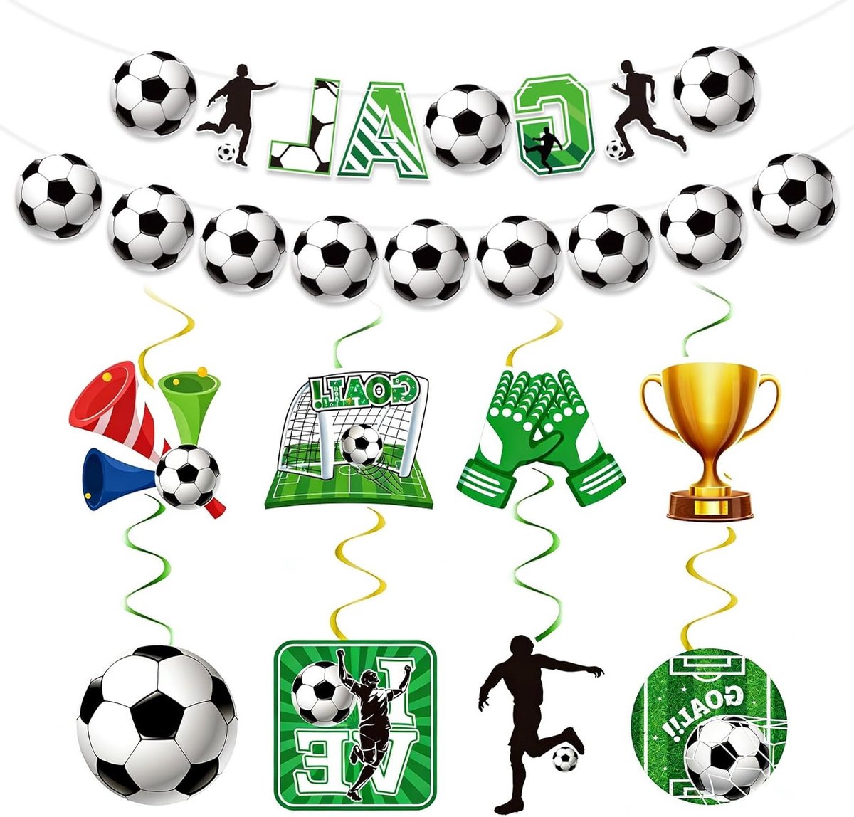 Voetbalversiering voor Kinderen, Ballonversiering voor Jongens, Compleet Voetbal Feestdecoratie Set met 3D Voetbalvlag en 4 Spiralen voor een Spetterend Feest