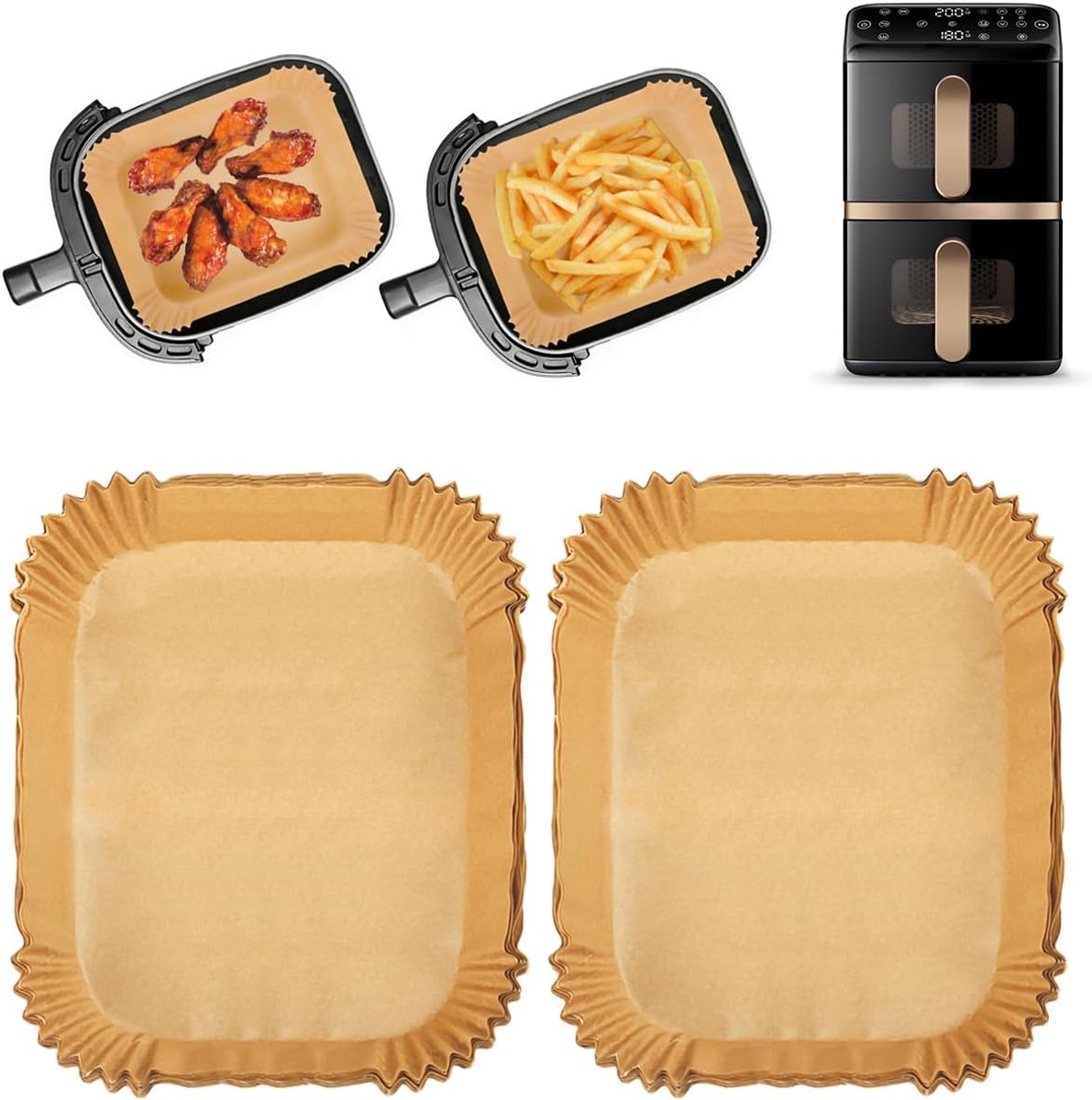 Accessoires voor airfryers, 200 stuks,Geschikt voor Philips Airfryer 4000 Series Stacked Dual Basket, heteluchtfriteuse, bakpapier, Geschikt voor Philips NA460, NA462 10L, Ninja AF400EU SL400EU
