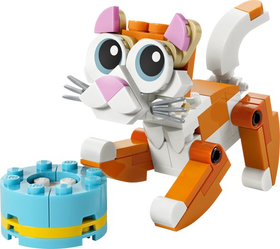 LEGO Creator 3-in-1 Oranje Kat. Oranje en witte kat met grote blauwe ogen en een blauwe voerbak.