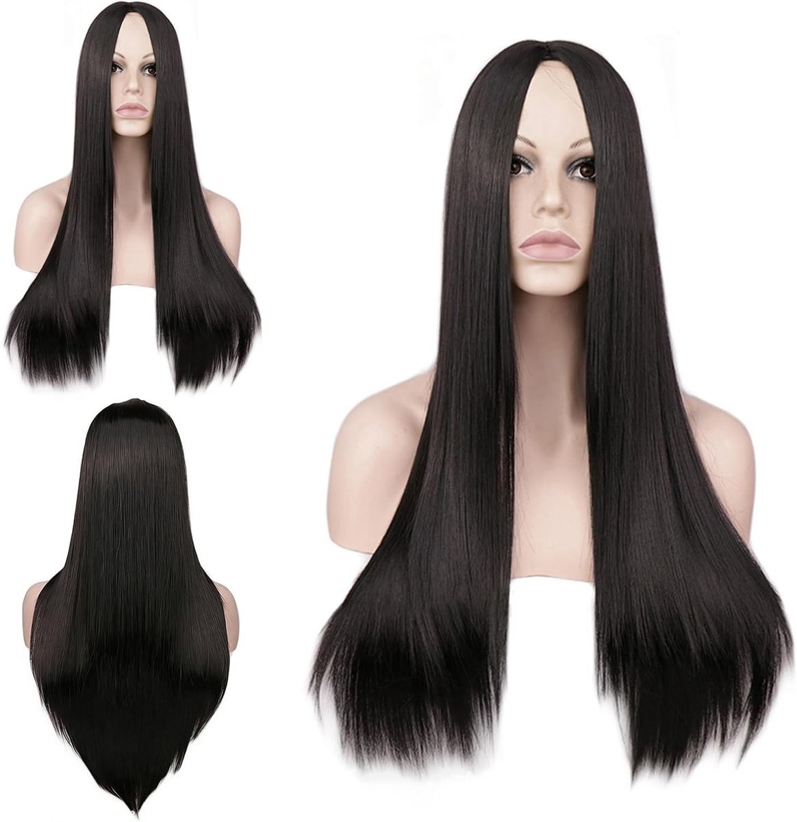 Lange Zwarte Cosplay Peruc, 70 cm Synthetisch Haar, Hittebestendig voor Feestjes, Halloween, en Carnaval - Perfect voor Kostuums en Dagelijks Gebruik