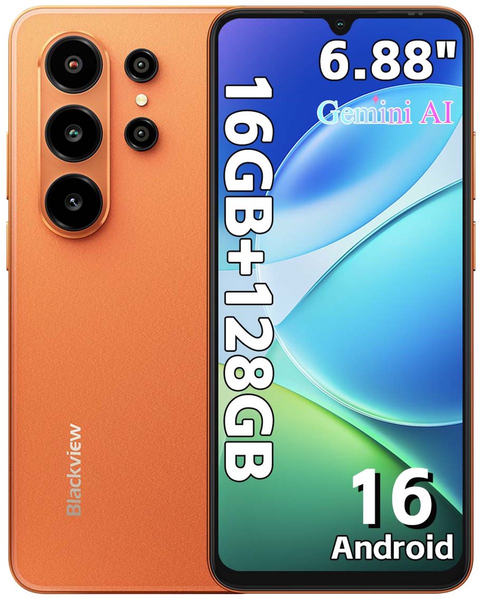 Blackview WAVE 10C Smartphone - Telefoon Dubbele Sim 4G - 6,88" HD+ IPS - 16GB(4+12) RAM - 128GB ROM - 5000 mAh - Android 16 - GPS - Oranje