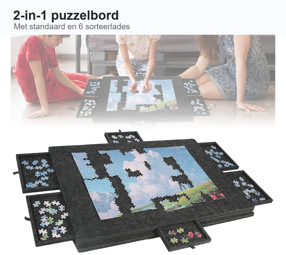 Multifunctioneel puzzelbord met 6 lades - voor 1000 stukjes - donkergrijs