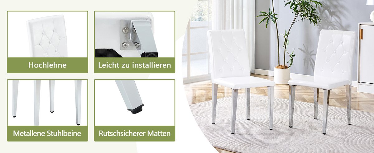 Clruro Eetkamerstoelenset - 4 Stuks - Luxe Design met Hoogglans Zilveren Poten - Metaal - Wit Wit + zilver
