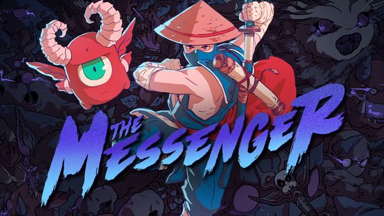 Cover art met een ninja met zwaard en een klein rood wezen, met de titel "The Messenger".