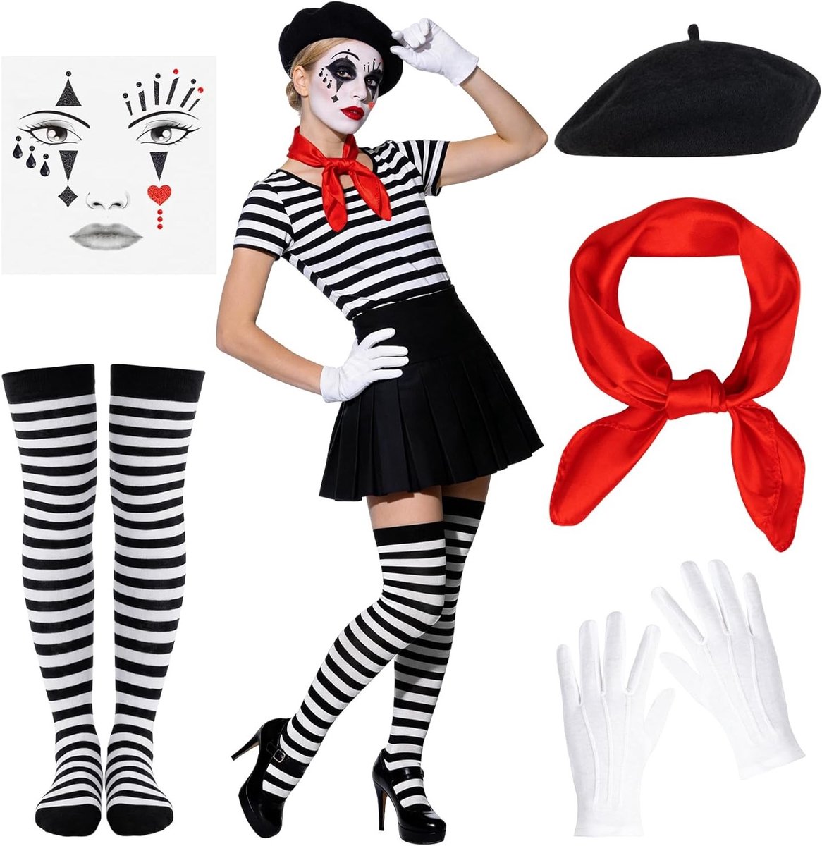 Vijfdelig carnavalskostuum voor vrouwen met clown accessoires, zwarte pantomime hoed, witte gezichtsmake-up en handschoenen