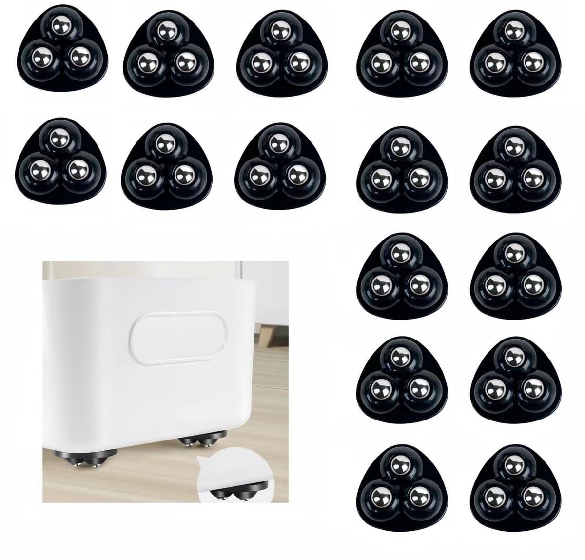 Kleine meubelwielen, 16 stuks, 360° draaibare zelfklevende rollers voor meubels zoals prullenbakken en kasten (Zwart staal)