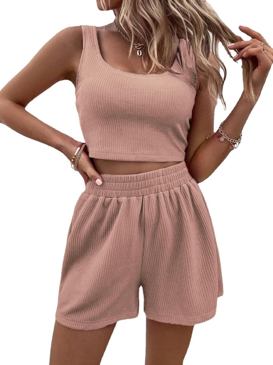 Zomerse dames 2-delige set met mouwloze top en hoge taille shorts in effen ribstof
