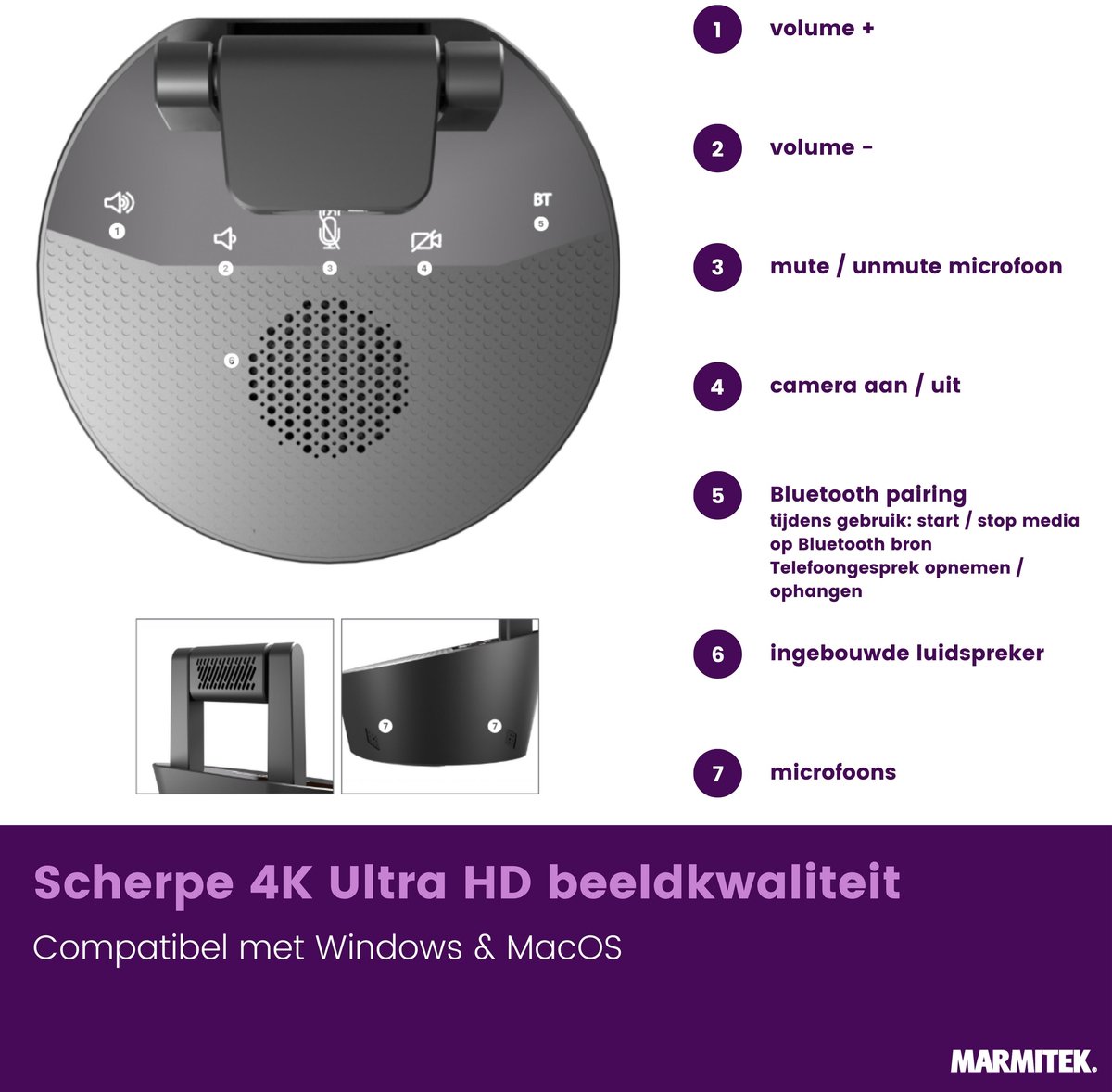 Marmitek Cam 4K Pro - conference camera 4K met groothoeklens, speakerphone, Bluetooth & USB-C thumbnail 6