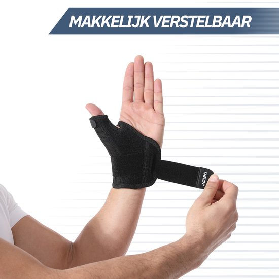 Man brengt zwarte duimbrace aan op zijn linkerpols en duim, verstelbaar met klittenband.