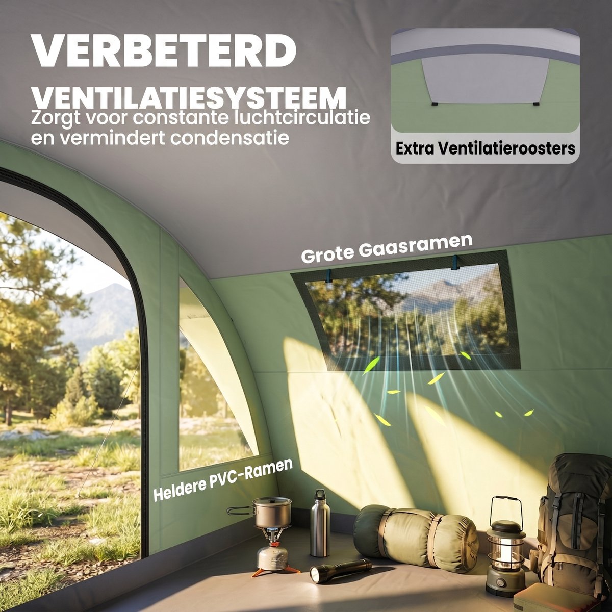Familietent - 4-6 personen - Tunneltent met twee slaapkamers - Inclusief waterdichte regenhoes (3000 mm) en opbergtas - Eenvoudig op te zetten - Lichtgewicht en ademend - Voor Camping & Outdoor - 505x390x196 cm- Groen – foto 7