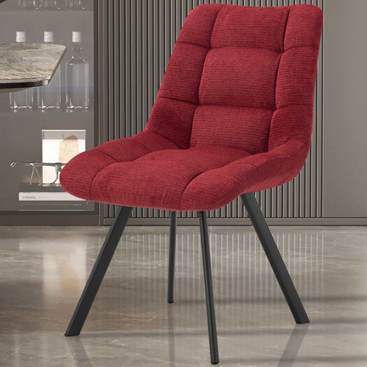 Rousseau Eetkamerstoel Lizzy Rood – Stoffen Bekleding – Zwarte Metalen Poten – Per Stuk