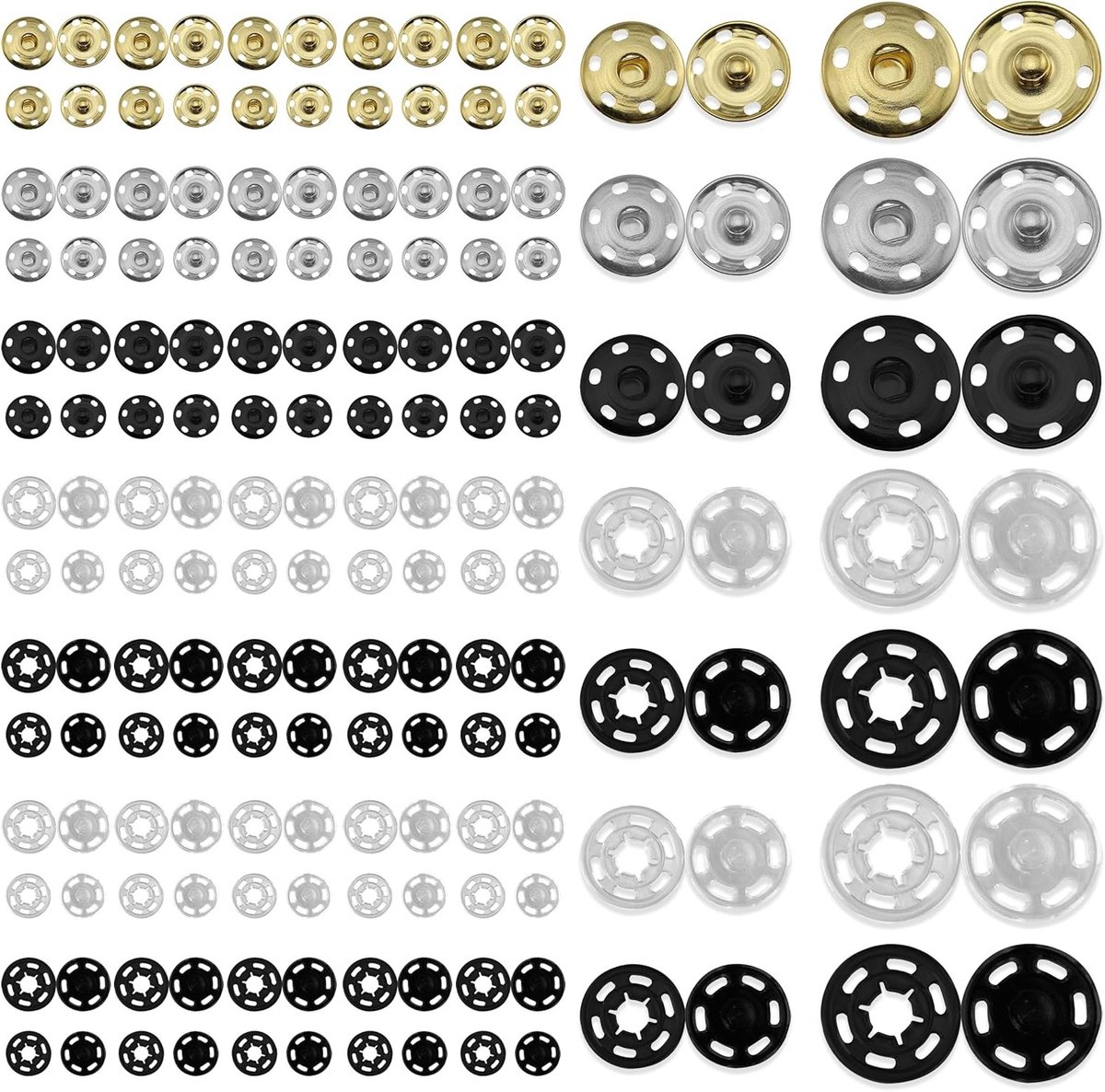 140 Pairs Onzichtbare Drukknopen voor Handwerk, 8/10/13mm Ronde Metaal en Plastic Drukknopen voor Tassen, Jurken en DIY Projecten
