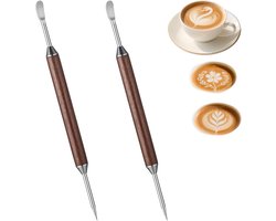2 Stuks RVS Latte Art Pennen met Houten Handvat voor Koffie Decoratie, Espresso en Cappuccino Versiering