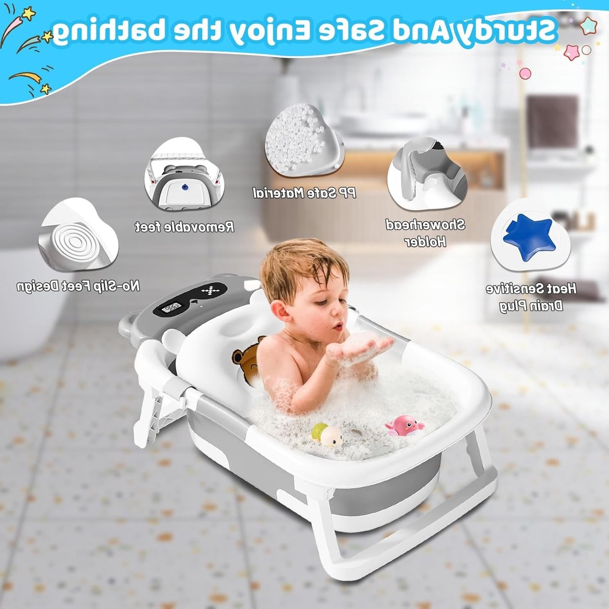 Vouwbare Babybadkuip met Thermometer, Badkussen en Afvoergat thumbnail 3
