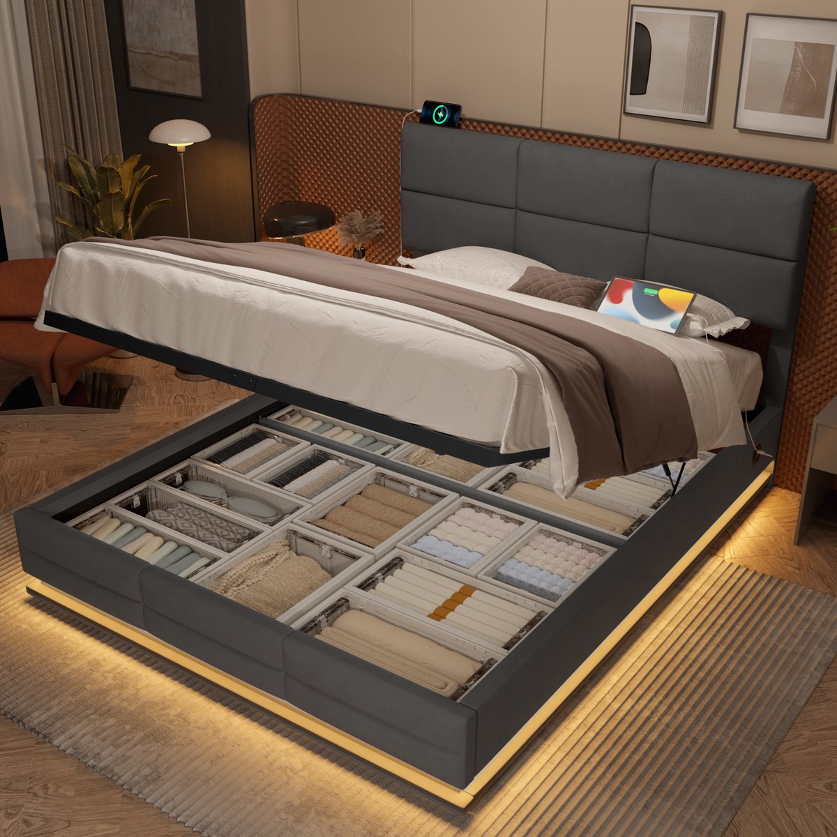 VVBV Bed met opbergruimte 160x200 / Tweepersoonsbed 160x200 – met Hydraulische Opbergruimte, LED-Verlichting, USB, USB-C – In Hoogte Verstelbaar Hoofdbord Dark Gray