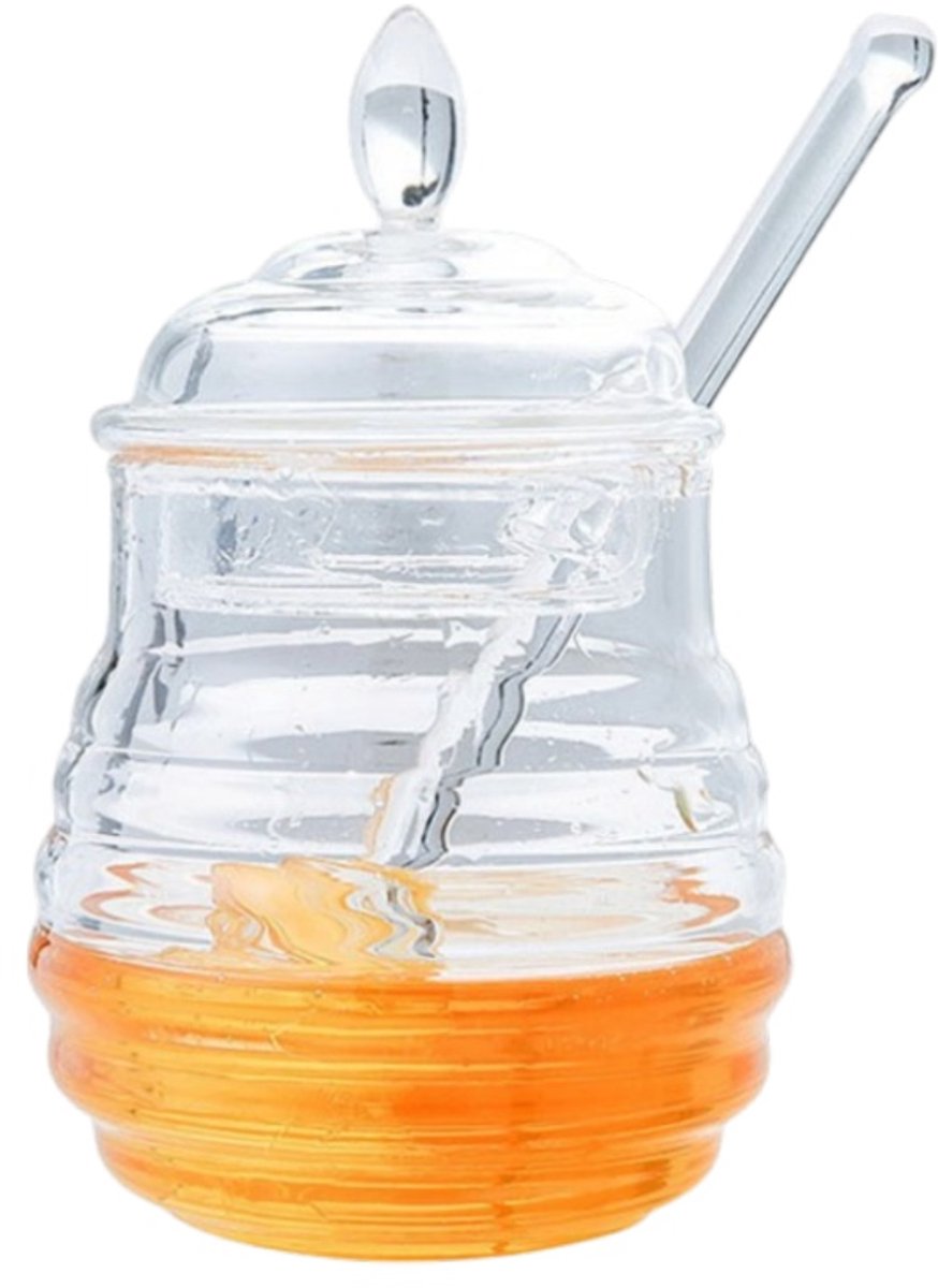 Honingpot - honingfles - bewaarcontainer - inclusief honinglepel - keukengerei - geschikt voor het bewaren van honing en siroop - transparant - 9,3 x 14,2 cm - 245 ml
