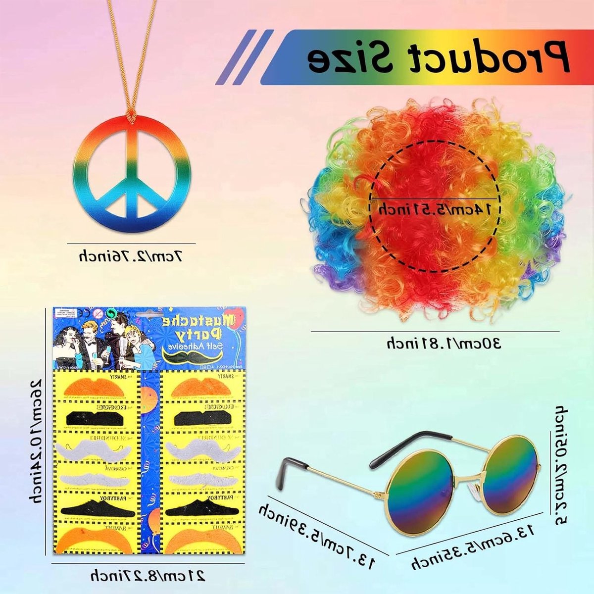 Hippie Kostuum Set voor 60s & 70s Themafeest - Funky Afro Perk, Zonnebril, Snor en Vredesteken Ketting, Perfect voor Mannen en Vrouwen, Retro Disco Accessoires en Feestoutfit