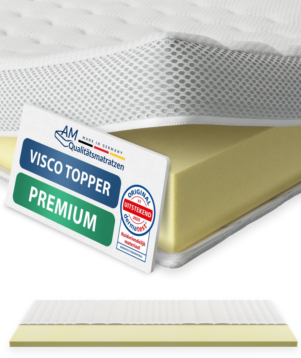 AM Qualitätsmatratzen Premium traagschuim topper 140 x 190 cm - 6 cm hoog - Aanpasbare, visco-elastische matrastopper 140 x190 - Hoogwaardige Tencel tijk - Traagschuim topper 6cm hoog - Made in Germany Wit