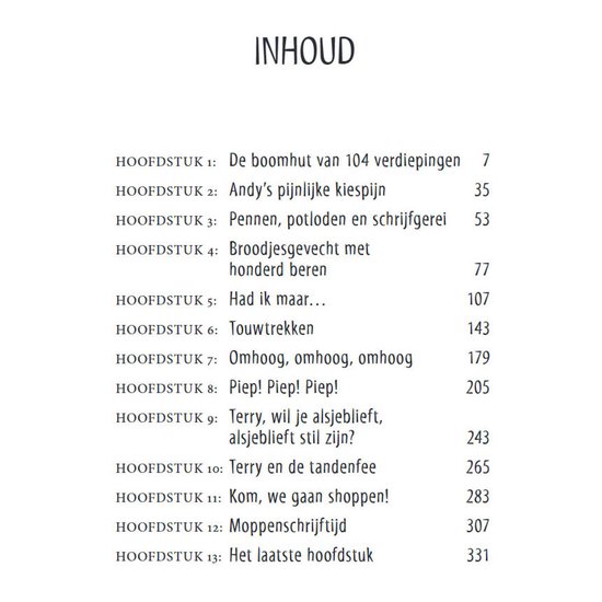 Inhoudsopgave van De waanzinnige boomhut, met hoofdstuktitels en paginanummers.