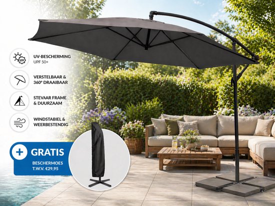 Zweefparasol met Voet 300 cm - Kantelbaar - Parasol met Ventilatie - Inclusief Beschermhoes - Antraciet