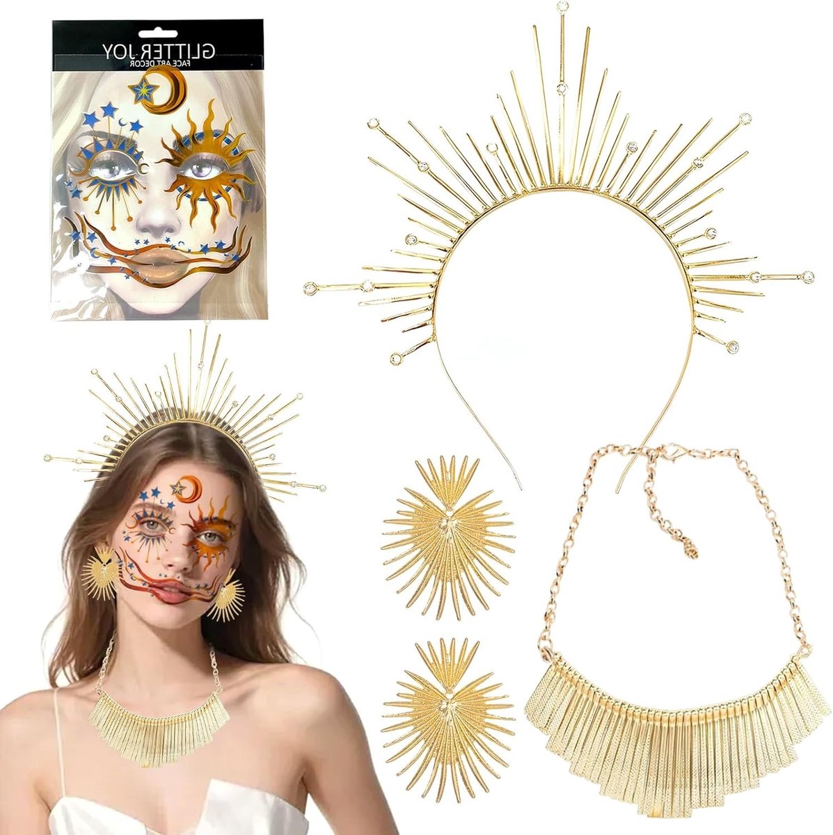 Halo Hoofdband voor Kostuum, Accessoires voor Zon Goddess, Griekse Godin Cosplay, Gouden Hoofddeksel, Oorbellen en Gezichtstatoeage voor Carnaval en Feestjes